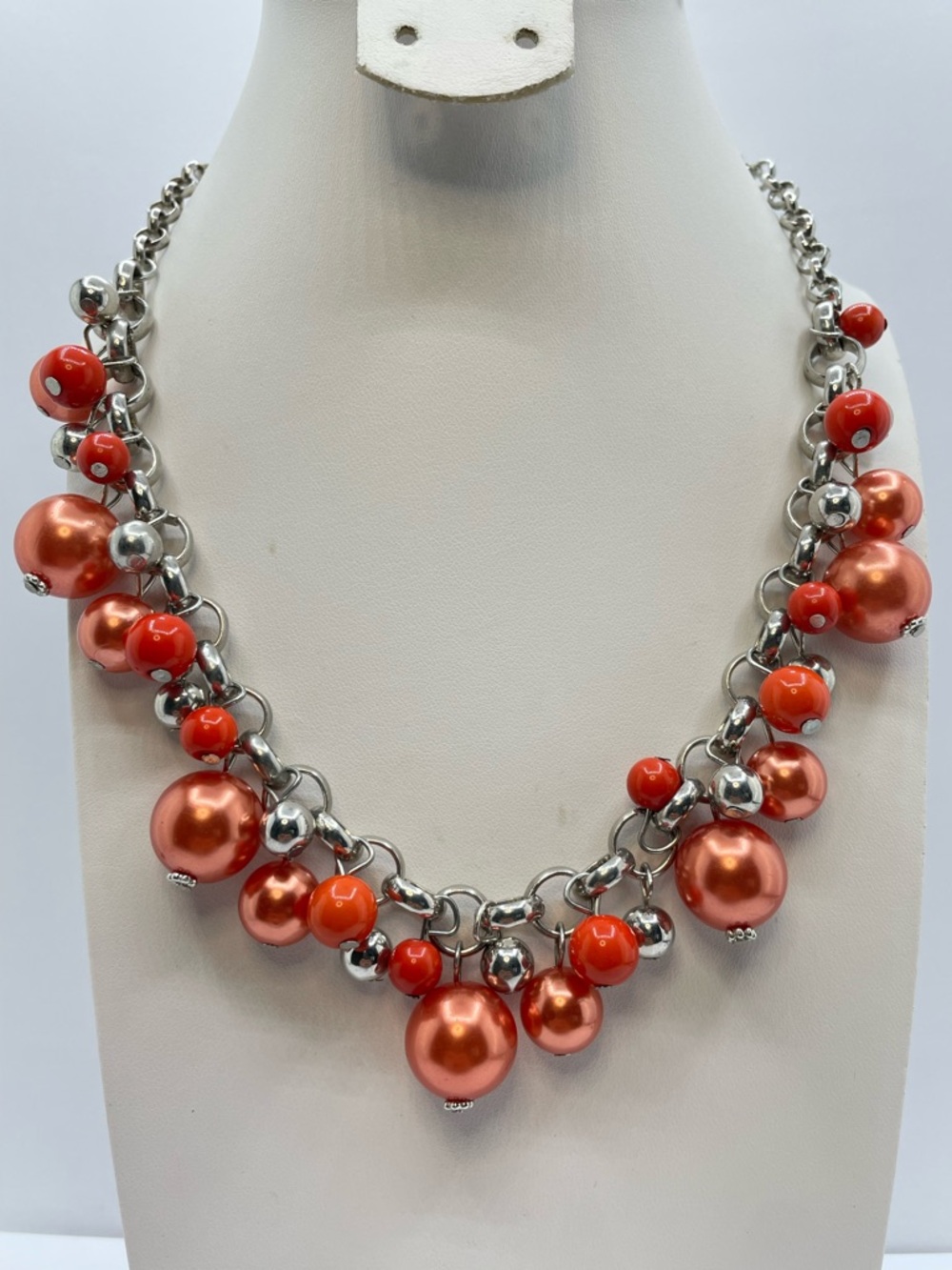 Silver Tone Red Bead Cluster Statement Necklace Bold Chunky